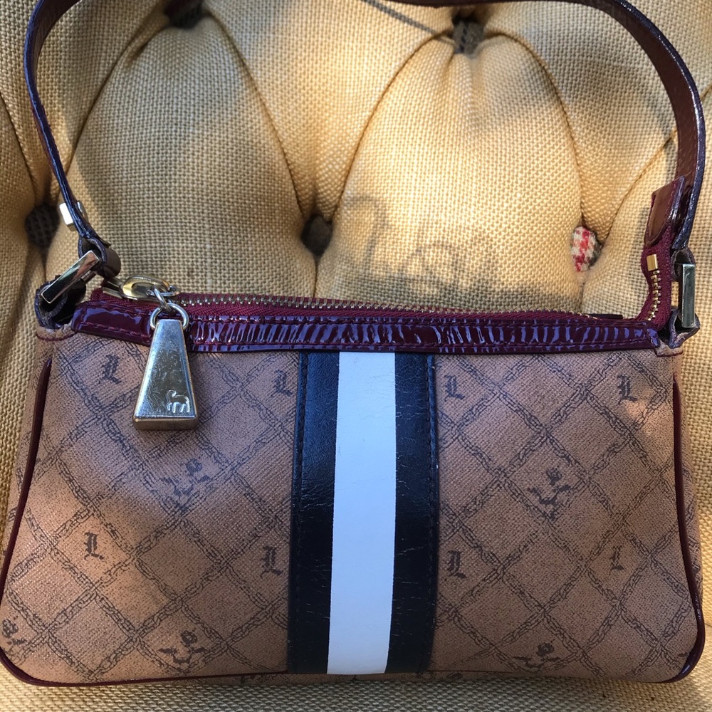 L.A.M.B. Tan and Burgundy Canvas Shoulder Bag with Black and White Stripe